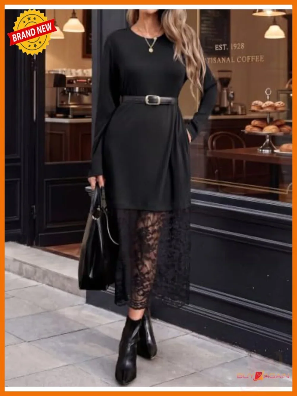 Midi Dress Long Sleeve Lace Patchwork Fall Wedding Guest